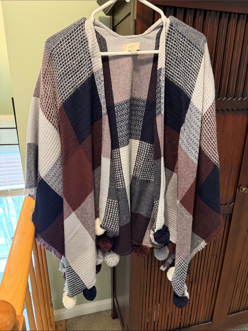 LOFT Colorblock Pom-Pom Knit Poncho in Navy, Brown & Gray